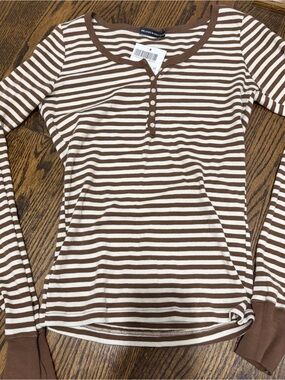 Brandy Melville Brown and Cream Striped Long Sleeve Henley Tee